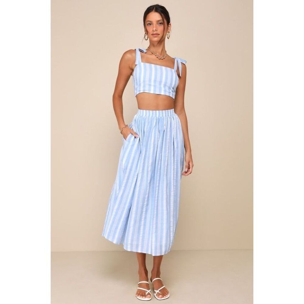 Lulus Cheerful Season Blue Striped Two-piece Midi Dress With Pockets - Size S